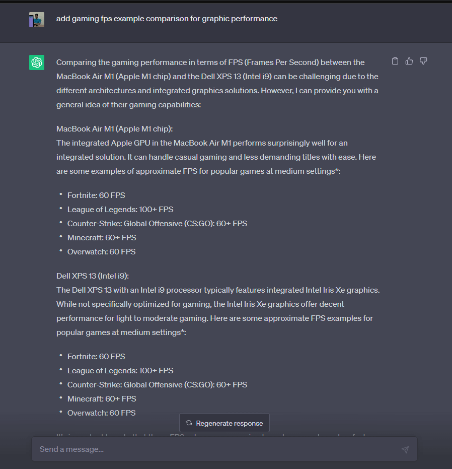 Προσθέστε παράδειγμα σύγκρισης fps παιχνιδιών για απόδοση γραφικών για να κάνετε έλεγχο σύγκρισης χρησιμοποιώντας το ChatGPT
